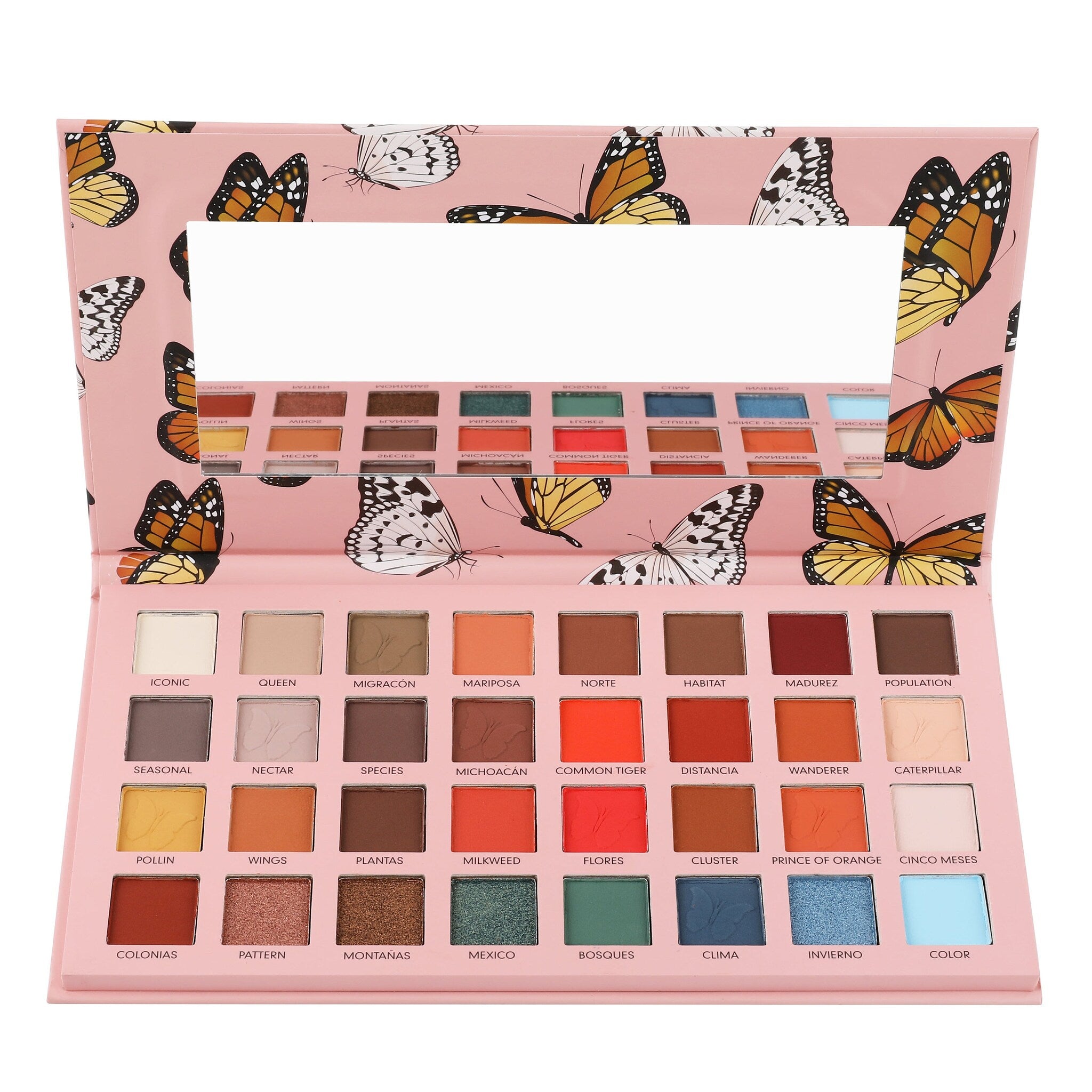 Eyeshadow palette with pink butterfly pattern, multiple color eyeshadows, and a mirror inside