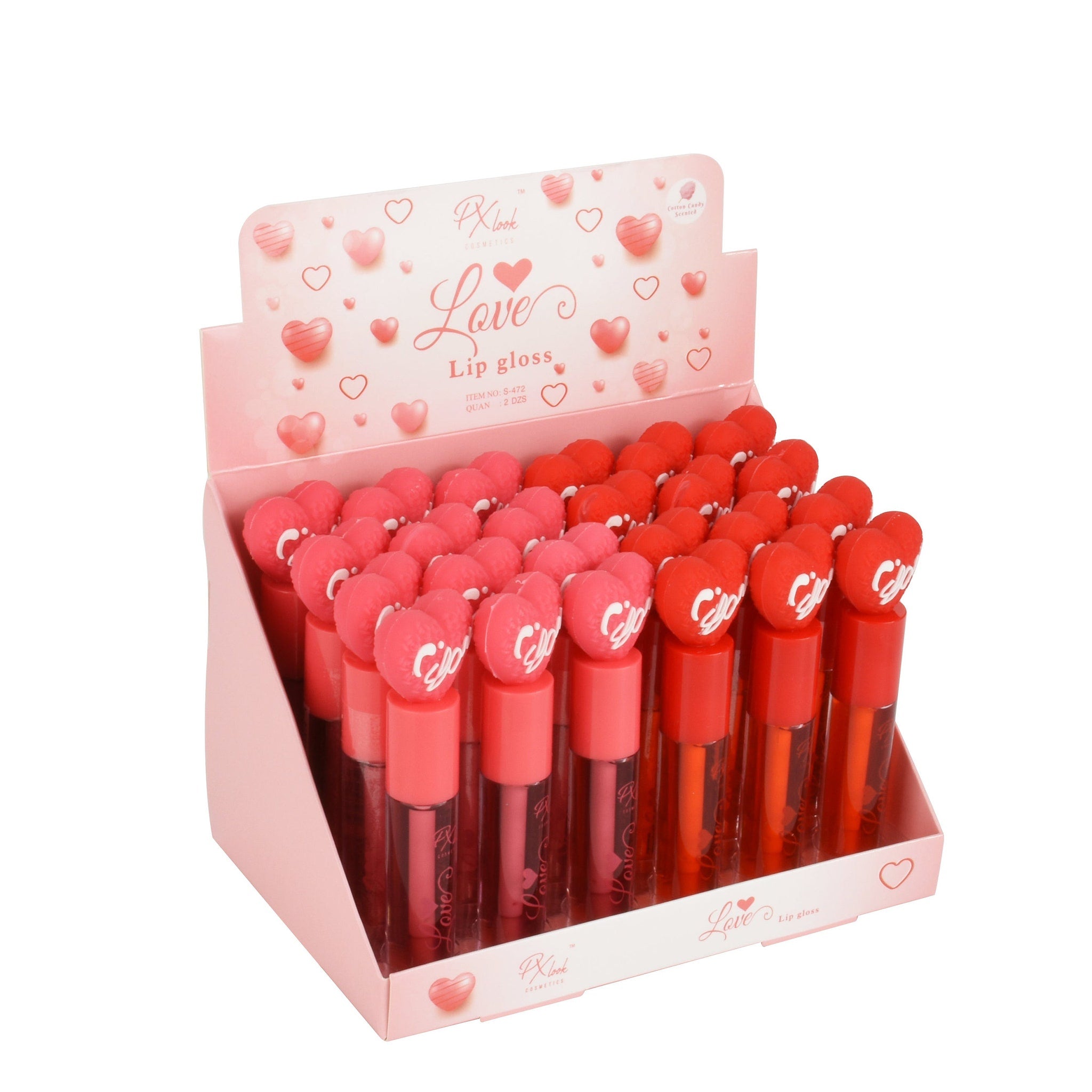 Side view of PXLOOK Love Lip Gloss tube showing glossy pink cap and transparent base revealing shimmering liquid inside