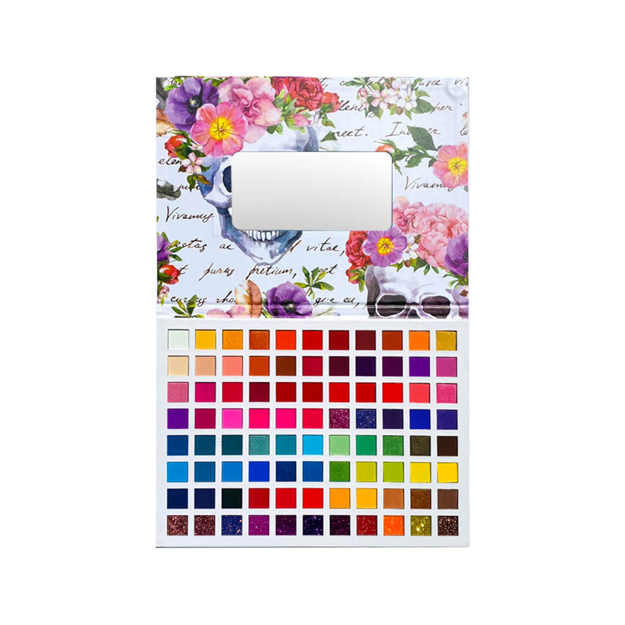 Eyeshadow palette with floral skull design, colorful eyeshadows, and rectangular mirror