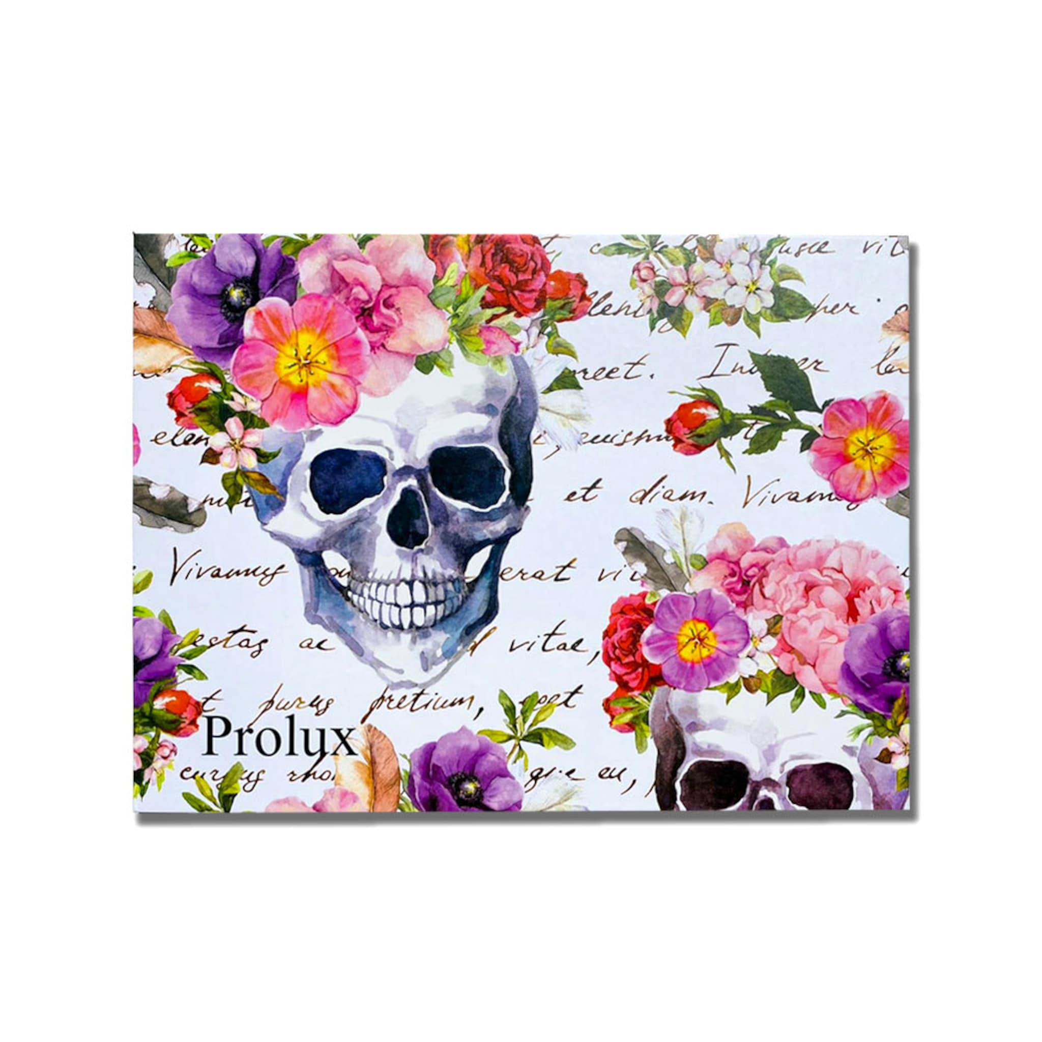 Skull art print with colorful floral crown, script background, and Prolux brand text visible.
