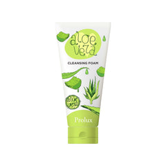 Cleansing foam tube with white and green color scheme, aloe vera illustrations, and Prolux brand text