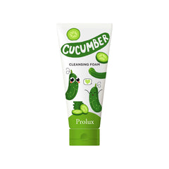 Cucumber cleansing foam tube with green and white design, cucumber illustrations, and Prolux brand text