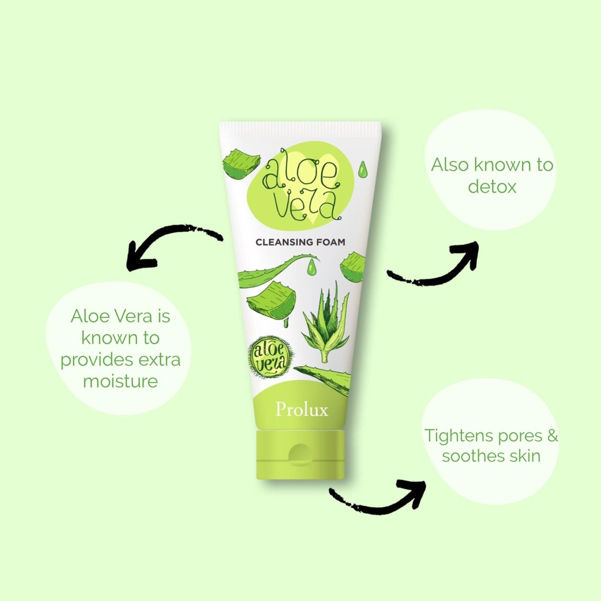 Cleansing foam tube, white and green, with Aloe Vera branding and illustrations, for skincare use