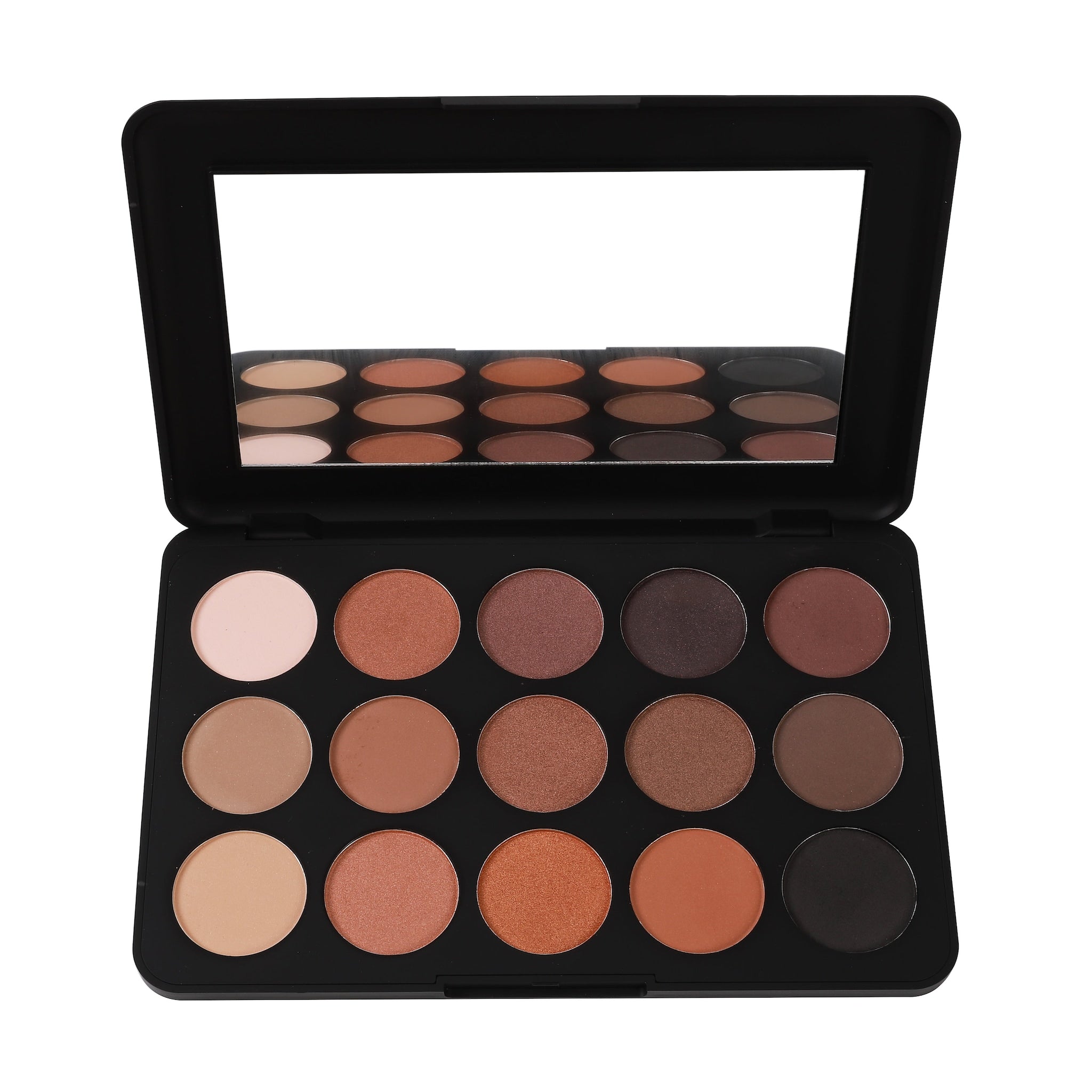 Eyeshadow palette with brown, nude, and black shades in a black compact with mirror