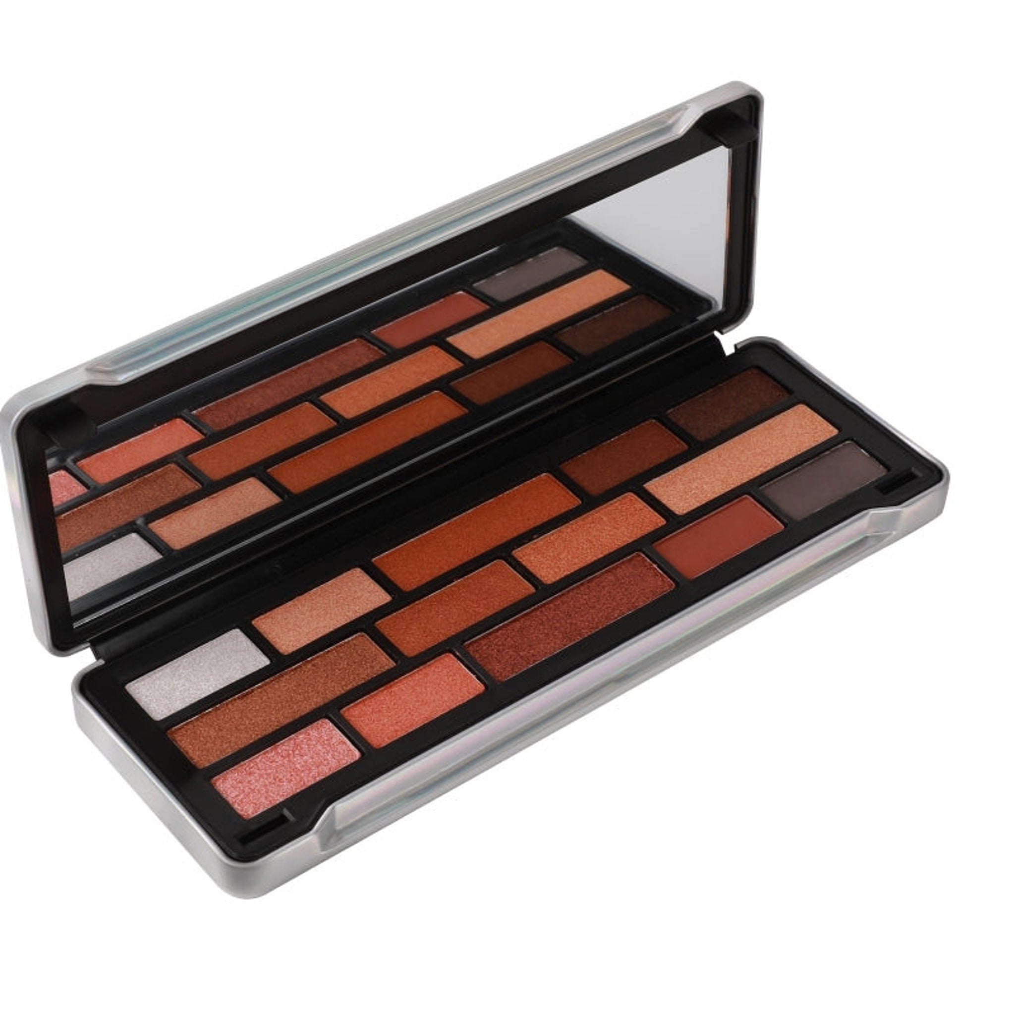 Eyeshadow palette with multiple shades of brown and silver in a rectangular case with a mirror
