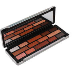 Eyeshadow palette with multiple shades of brown and silver in a rectangular case with a mirror