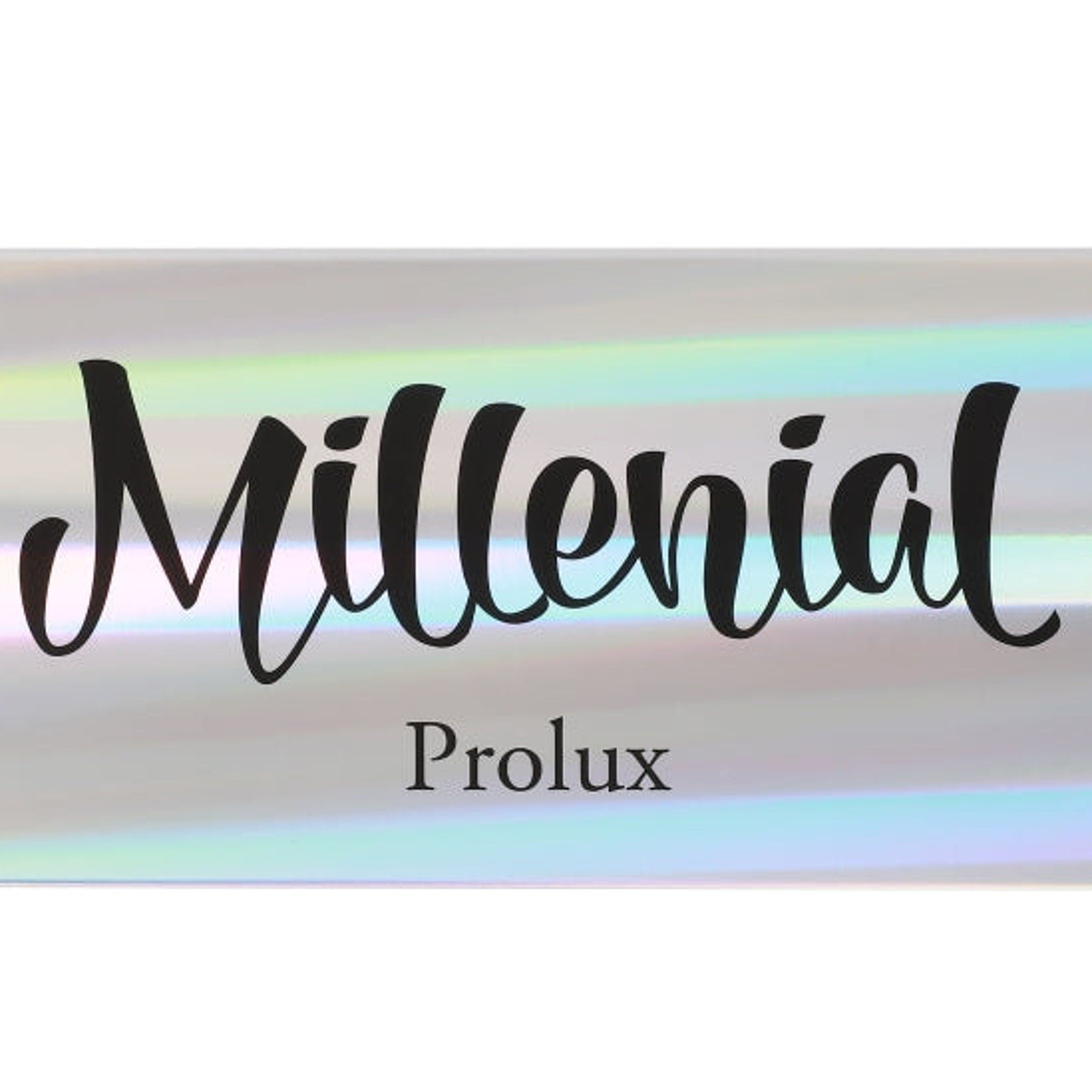 Millenial text in black script on iridescent background with Prolux text below