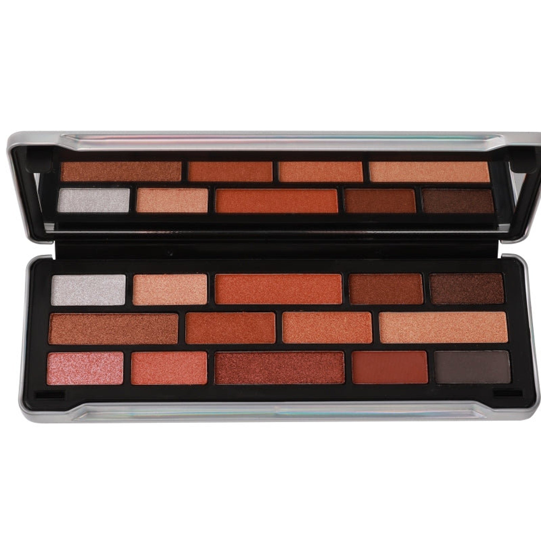 Eyeshadow palette with multiple shades of brown, orange, and silver in a rectangular case
