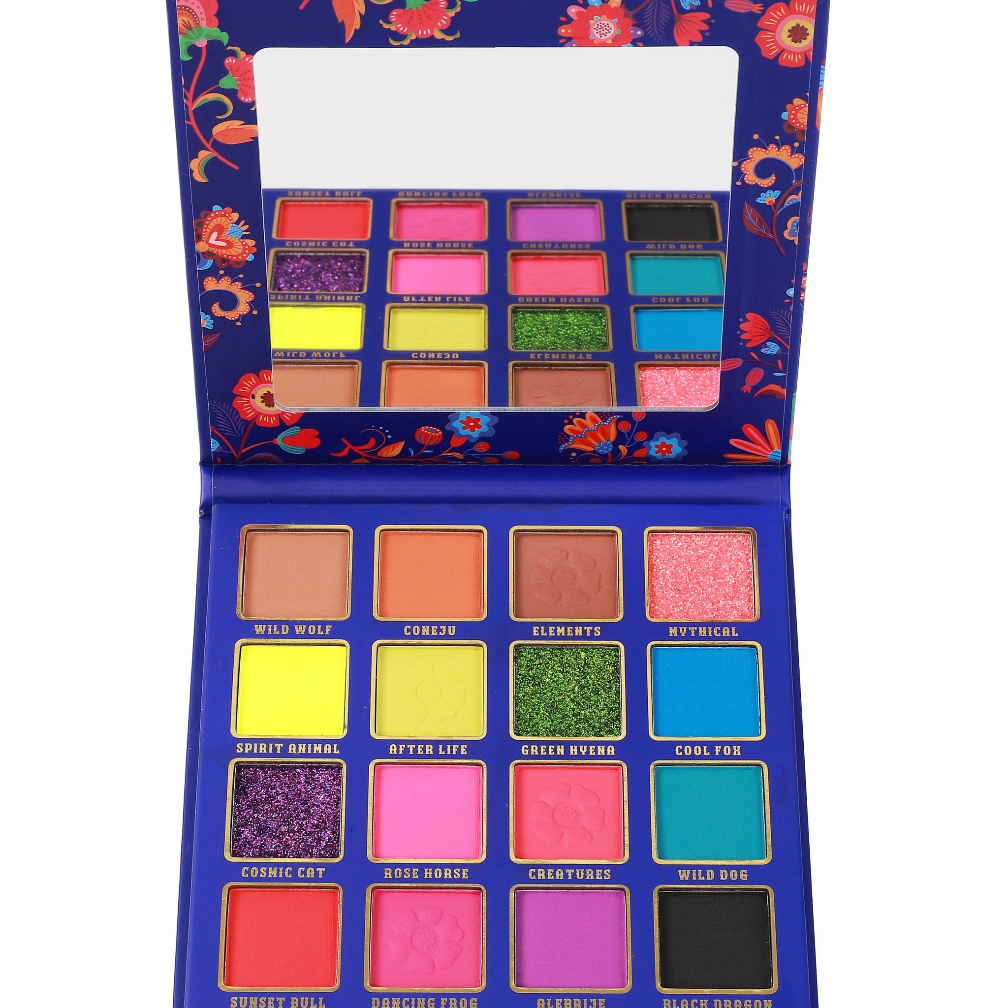 Eyeshadow palette with blue case, colorful eyeshadows, and mirror for makeup application