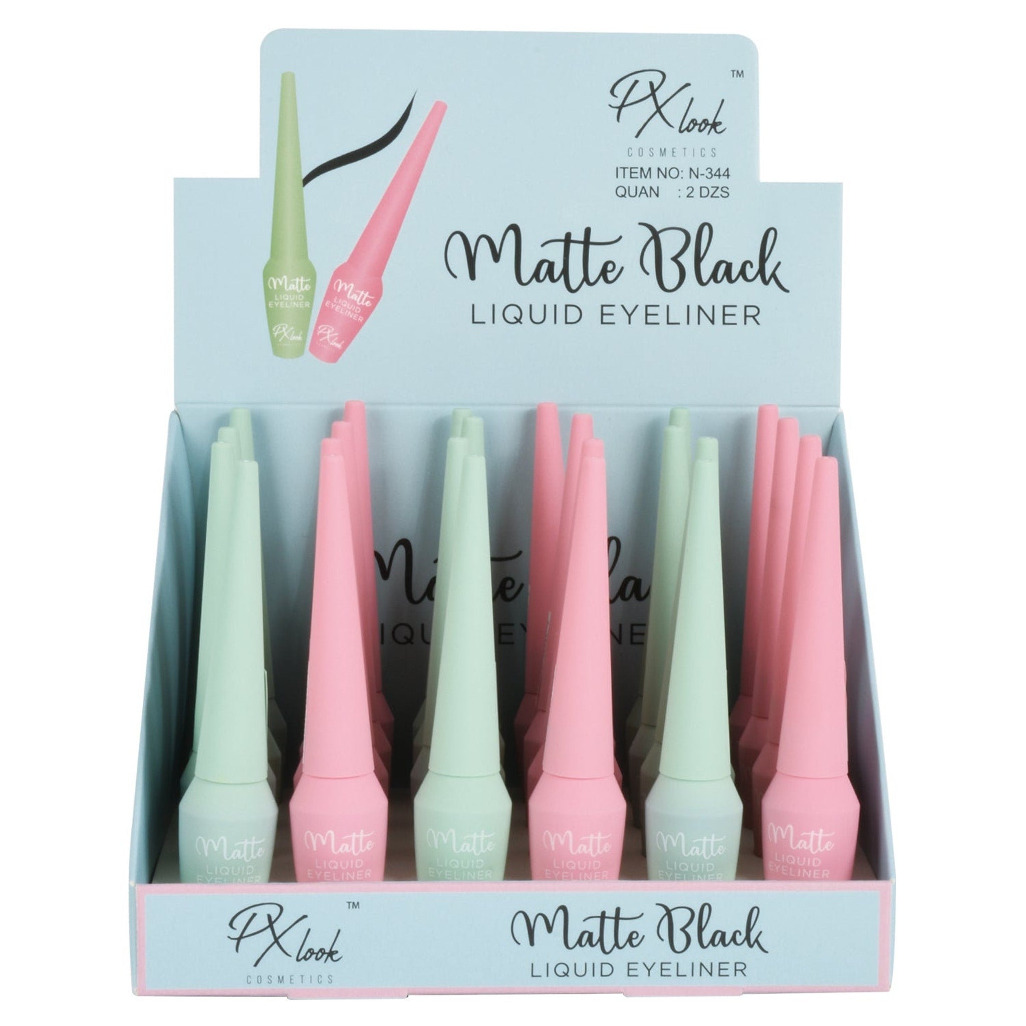 Liquid eyeliner display with pastel pink and green bottles, Matte text, and Pxlook brand name