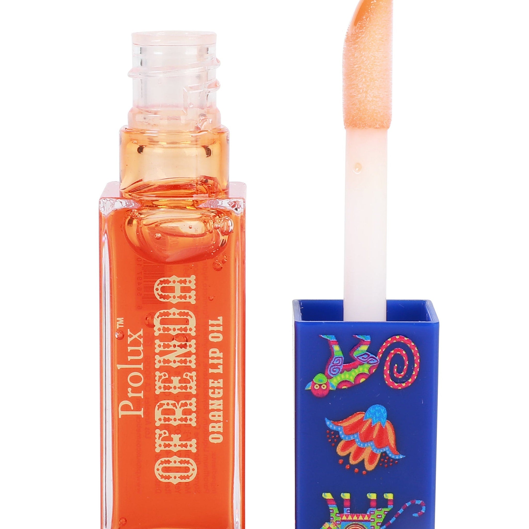 Orange lip oil bottle with clear plastic, orange liquid, and blue patterned cap, Prolux brand