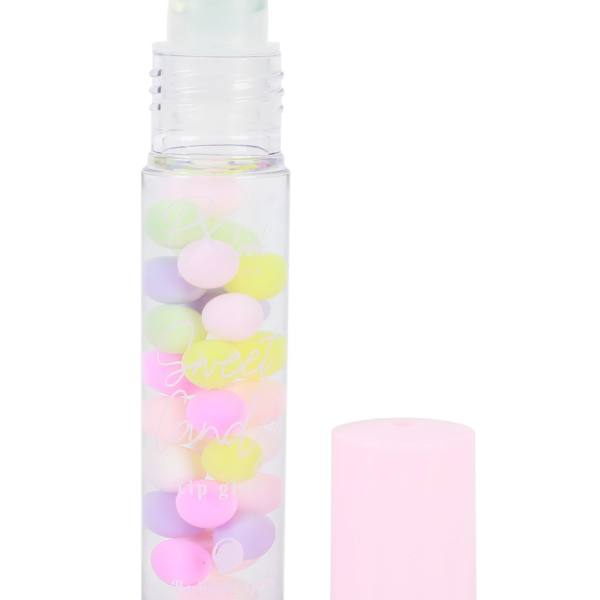 Side view of Sweet Candy Lip Gloss tube showing glossy pink cap and clear plastic container with shimmering liquid inside