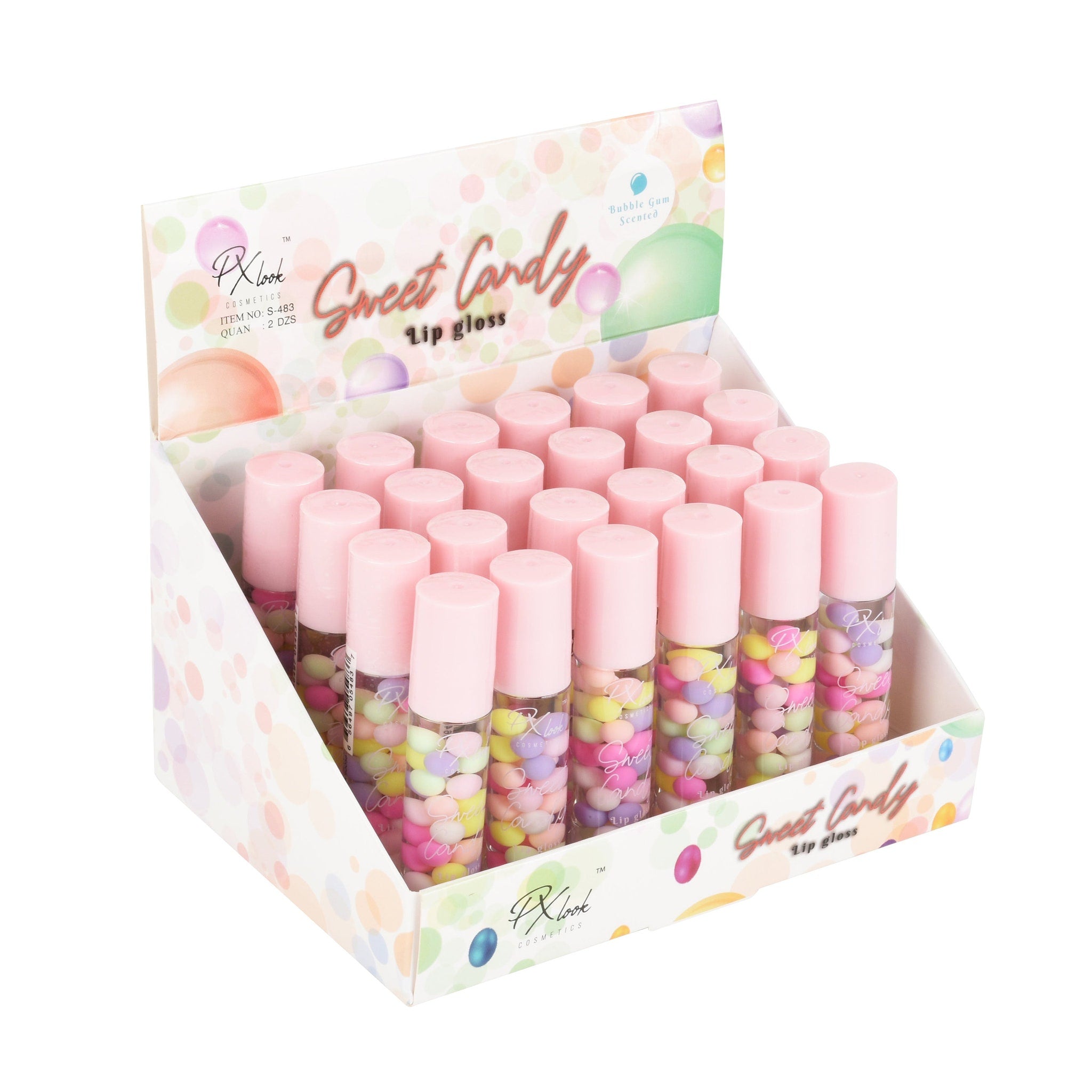 Close-up of Sweet Candy Lip Gloss tube showing glossy pink cap and shimmering peach liquid inside