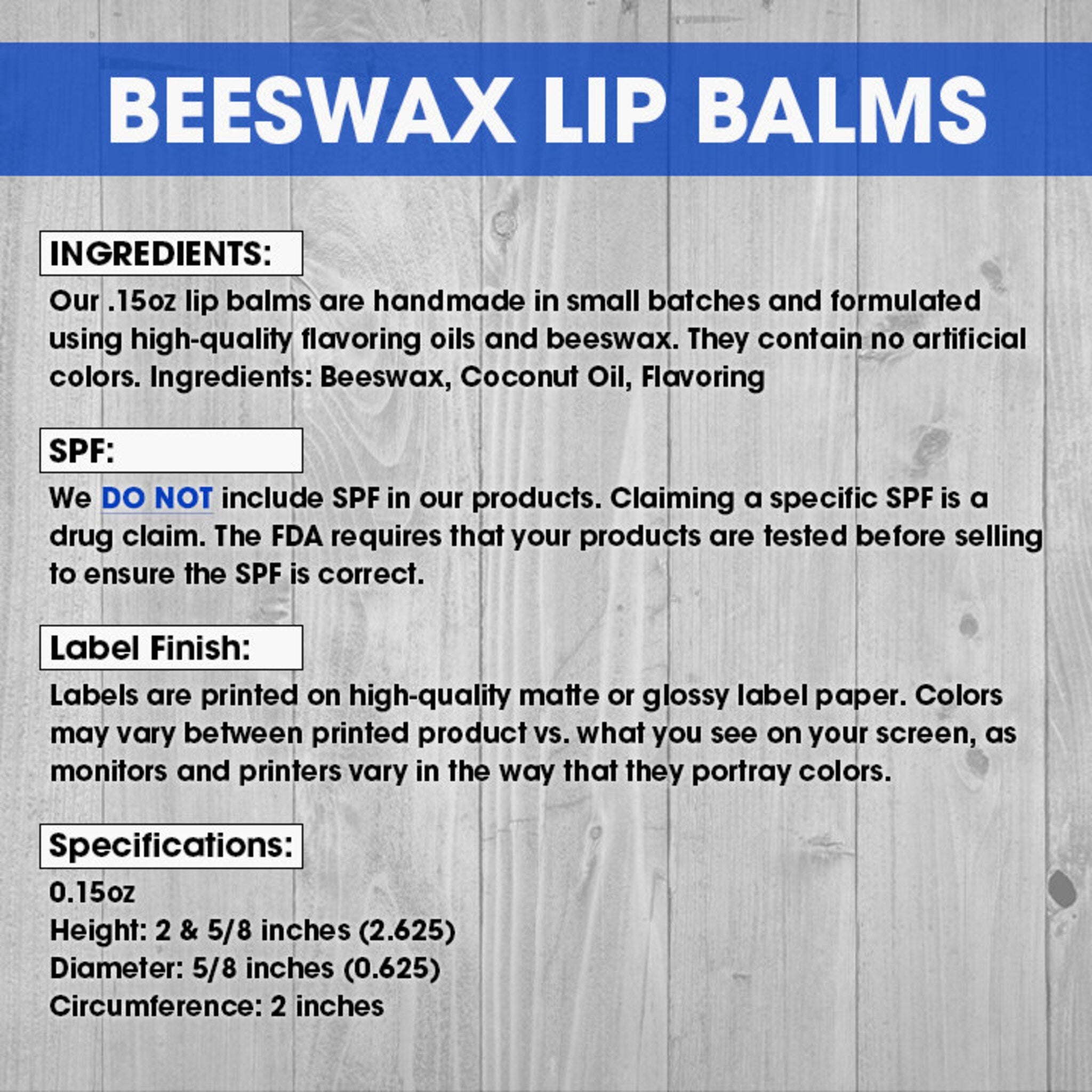 Beeswax lip balm information text on blue and white background, ingredient and specification details shown