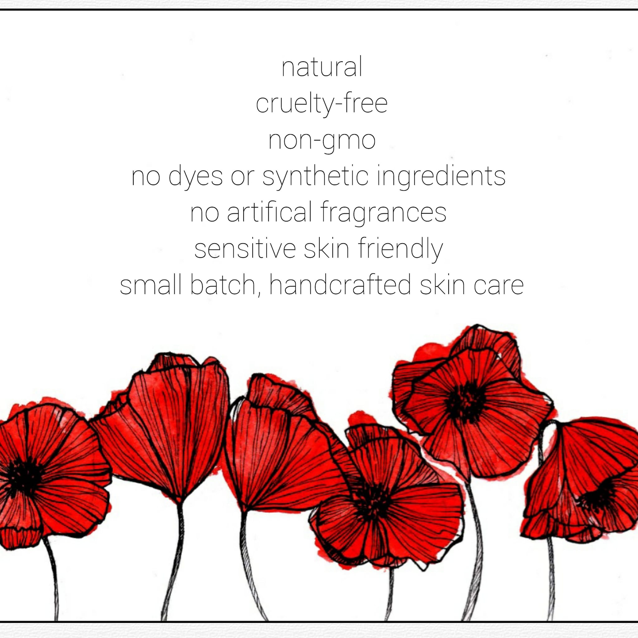 Red poppy flowers with black outlines and white background, for skincare promotion