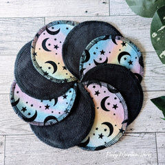 Reusable facial rounds with black corduroy backing and celestial print, Rocky Mountain Herbs brand