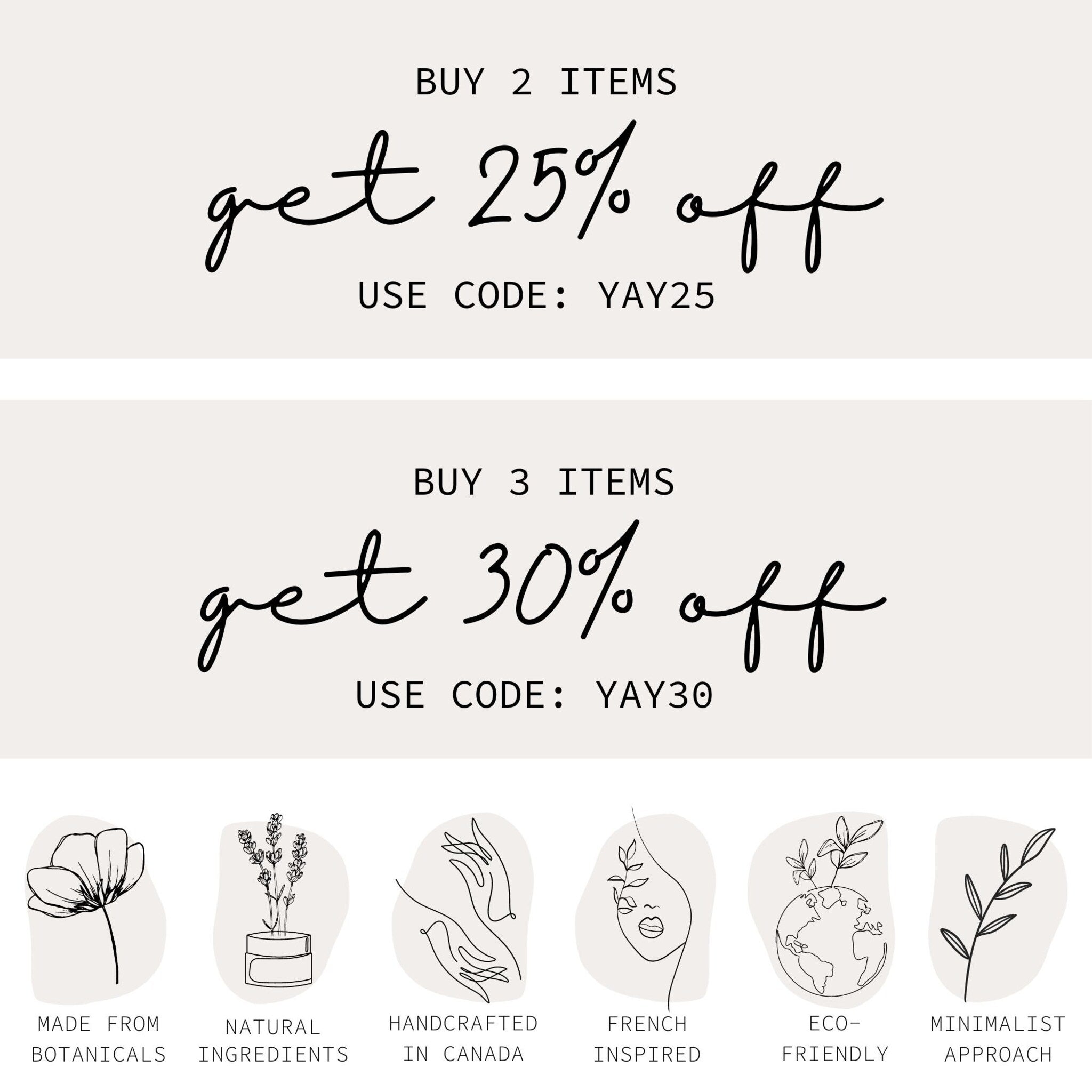 Promotional graphic with black script, white background, and discount information for online purchases