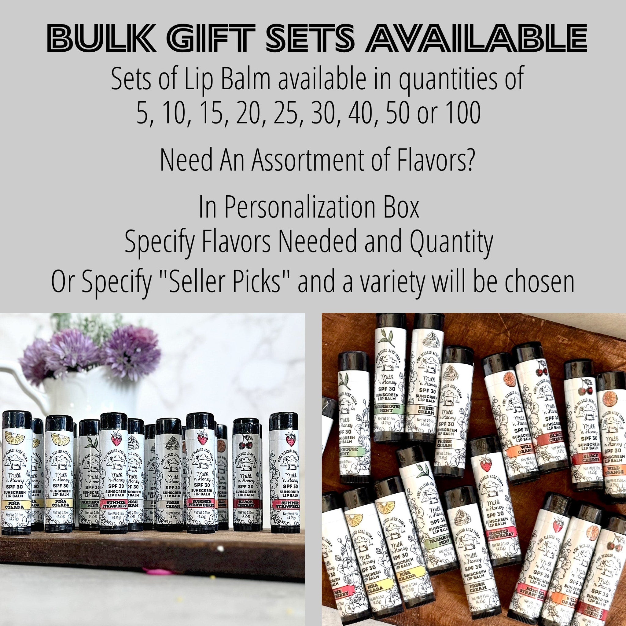 Lip balm tubes with white labels, black caps, and One Blessed Acre Farm branding, various flavors shown