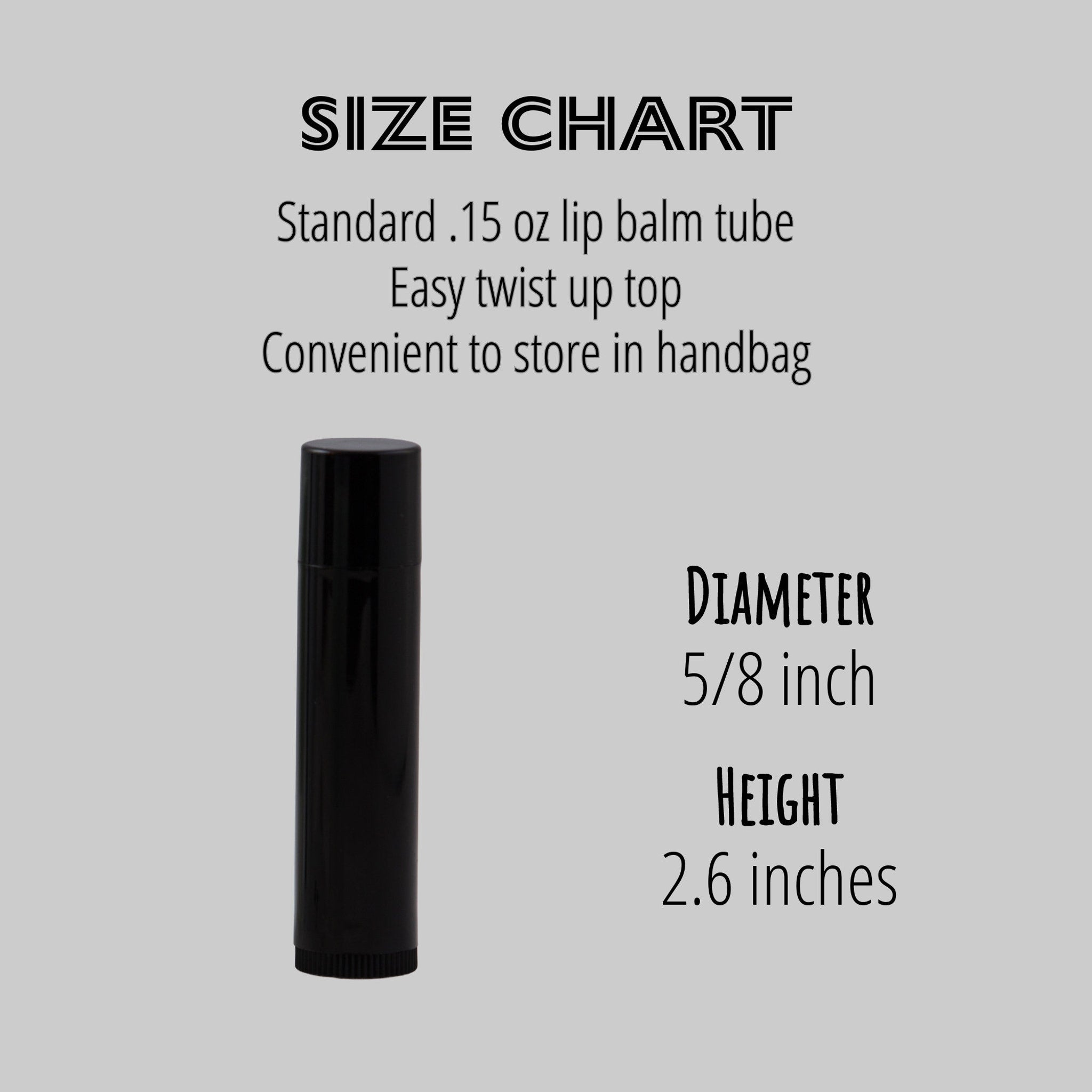 Lip balm tube size chart with black tube, dimensions, and text on gray background