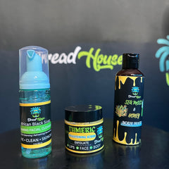Facial cleanser with blue pump, black and yellow label, Dread House brand