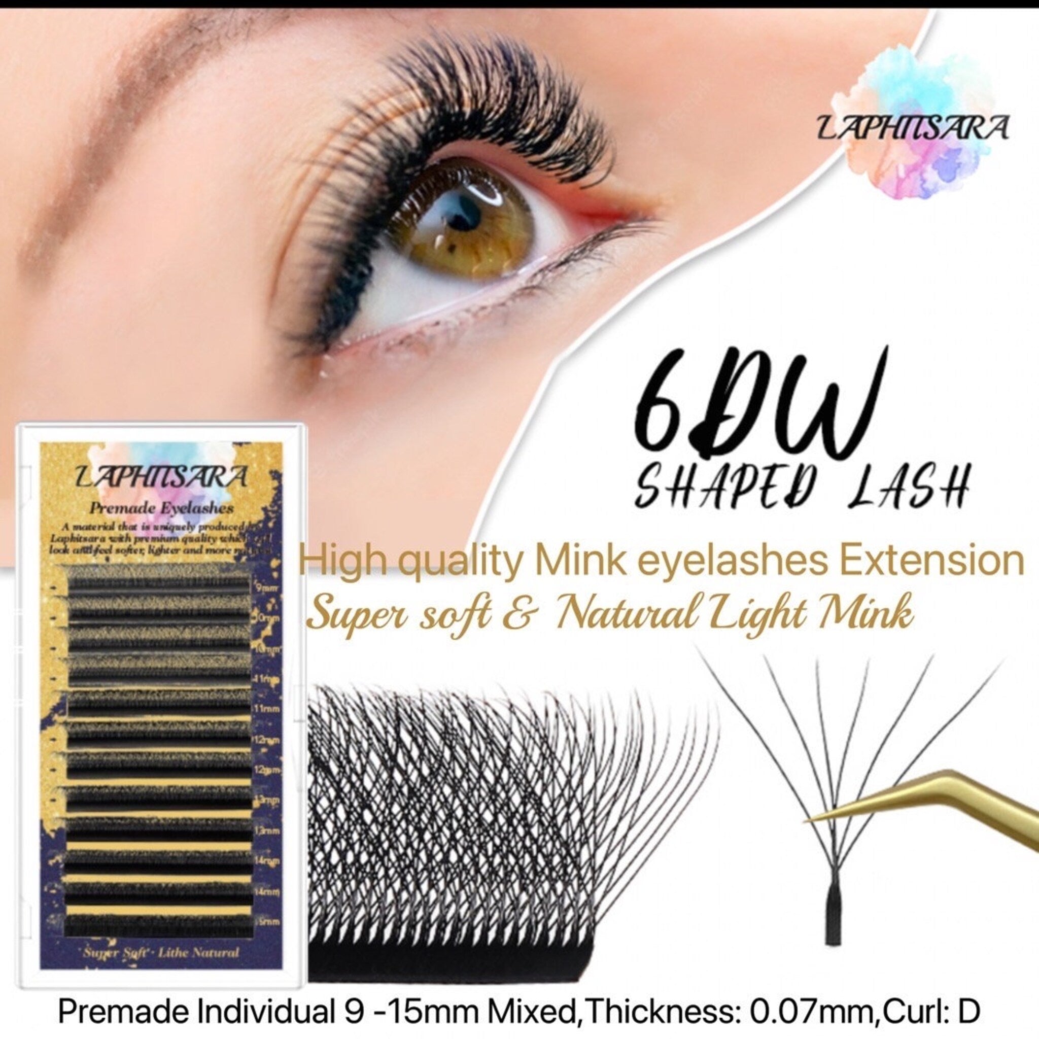 False eyelashes black mink lashes with D curl style, LAPHITSARA brand shown on eye