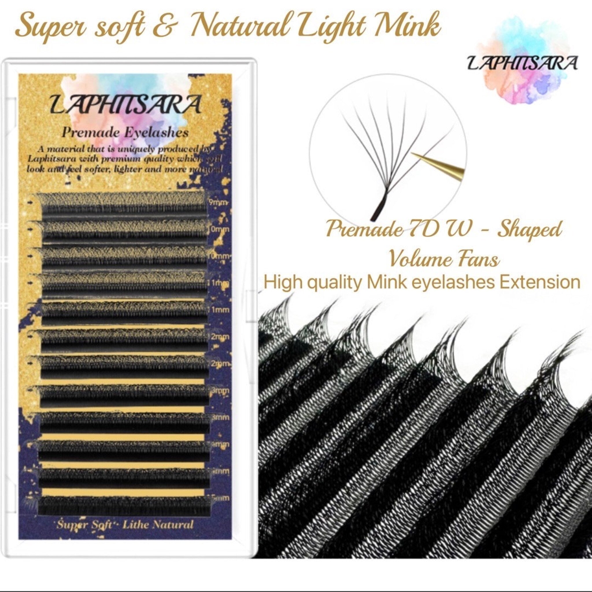 Premade eyelashes, black mink, labeled LAPHITSARA, for eyelash extension application