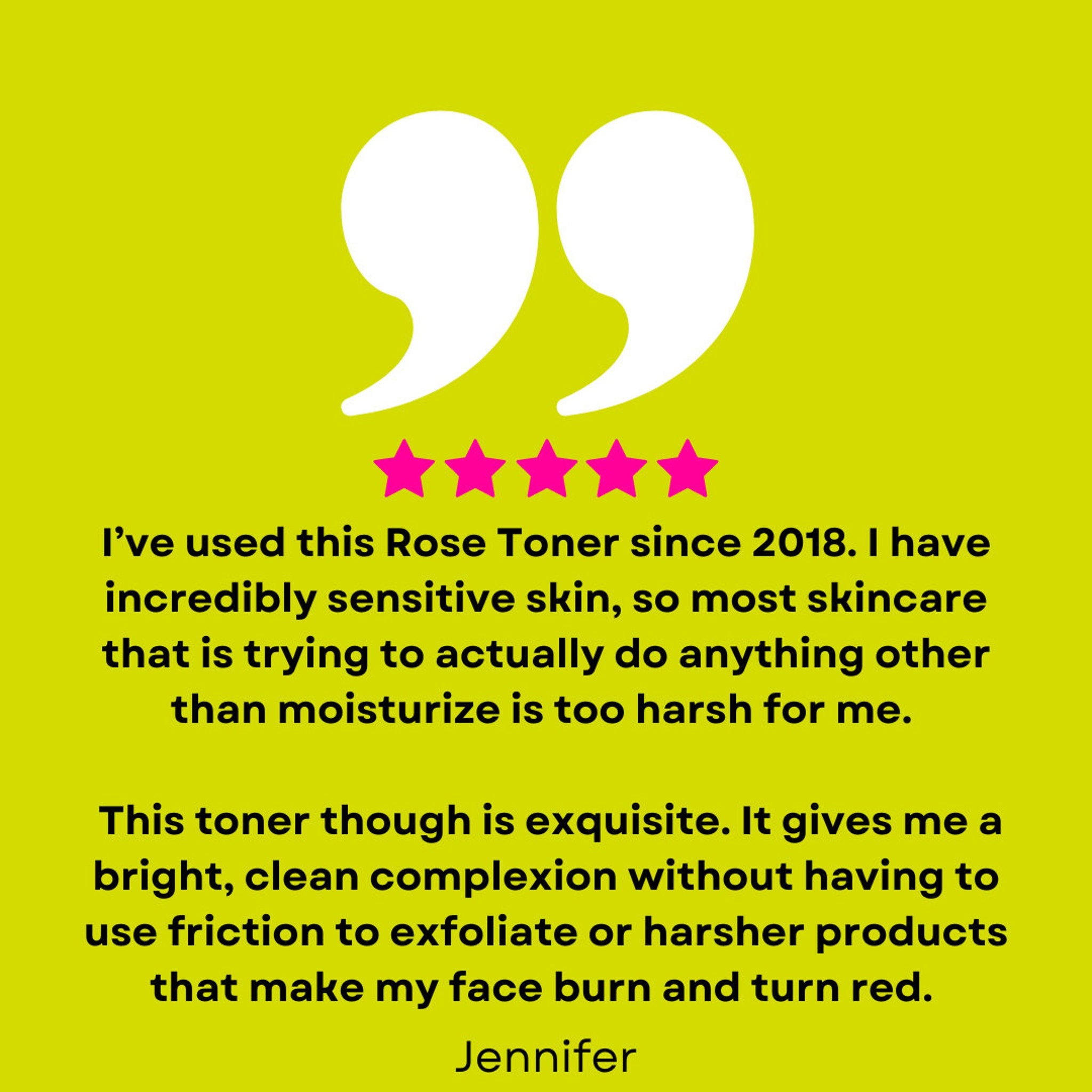 Customer review graphic with white quote bubbles, pink stars, and yellow background.
