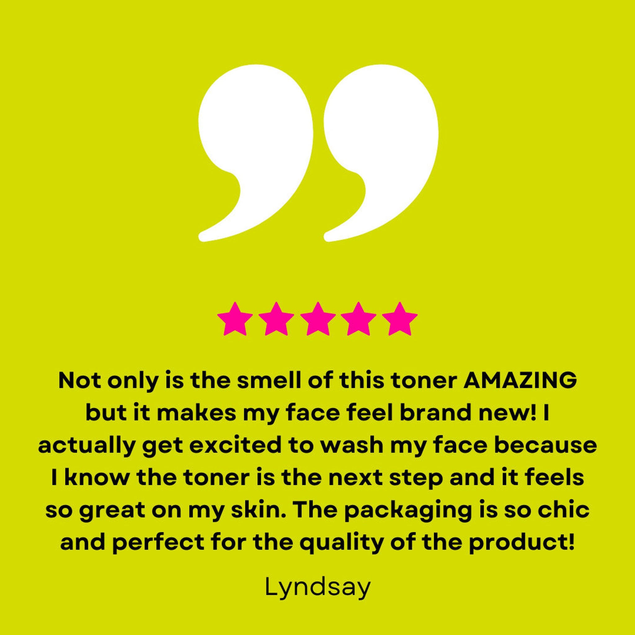 Customer review graphic with white quotation marks, pink stars, and yellow background.