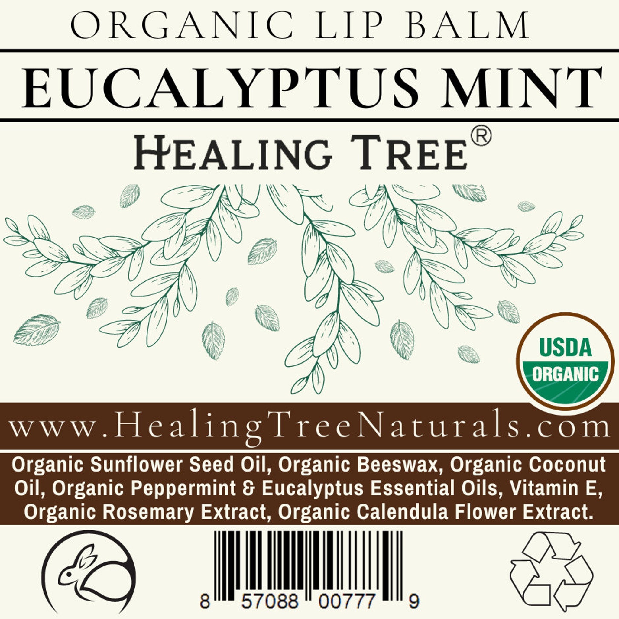 Lip balm label with green and black text, eucalyptus leaf design, and Healing Tree brand name