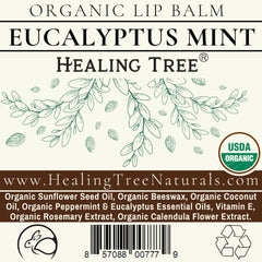 Lip balm label with green and black text, eucalyptus leaf design, and Healing Tree brand name