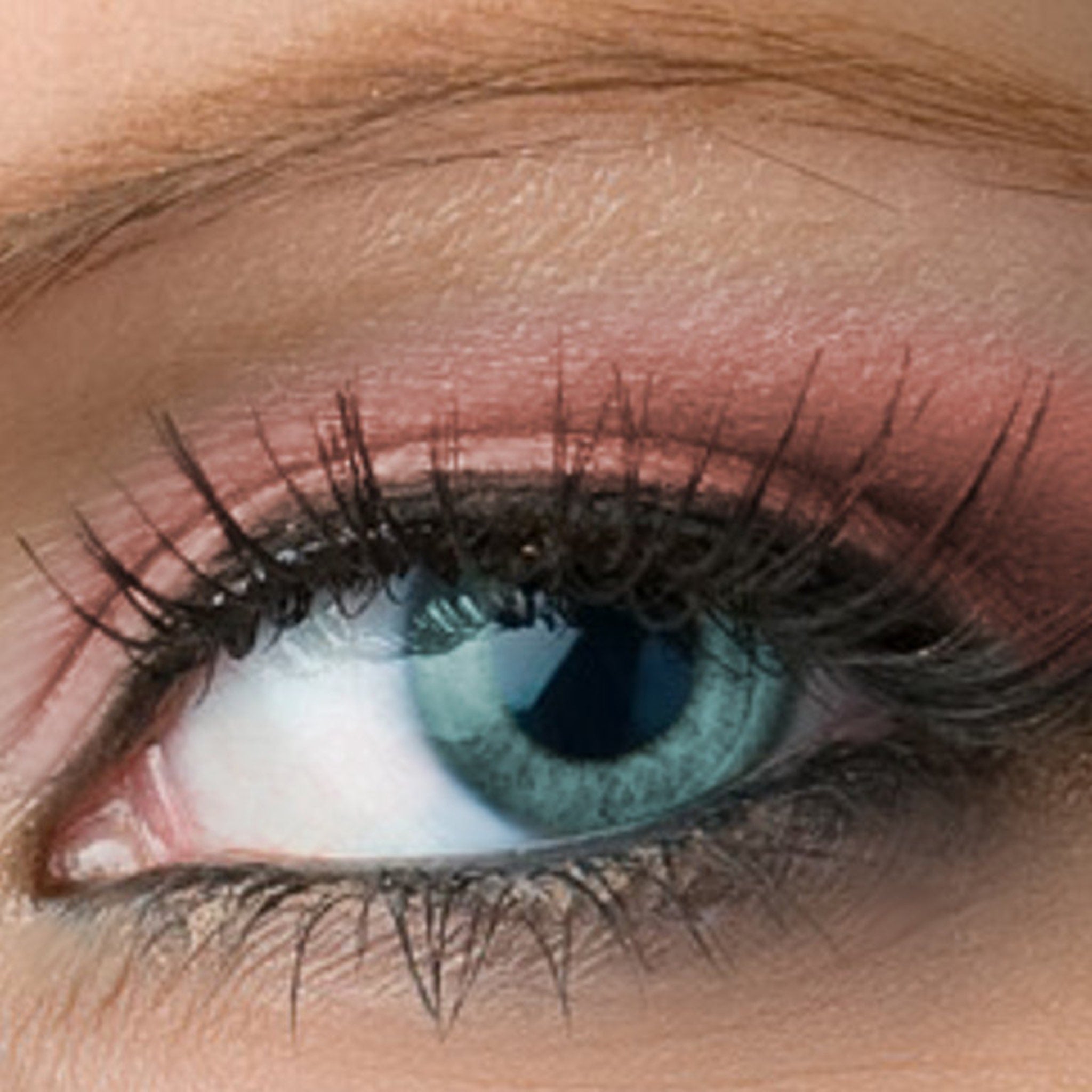 Close-up of fingers applying matte light pink vegan eyeshadow to eyelid with soft blending brush