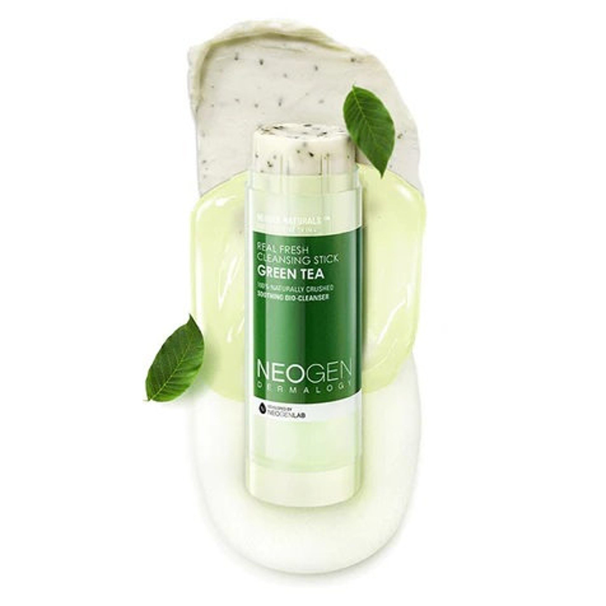 Cleansing stick with green and white packaging, green tea leaves, and Neogen brand name visible