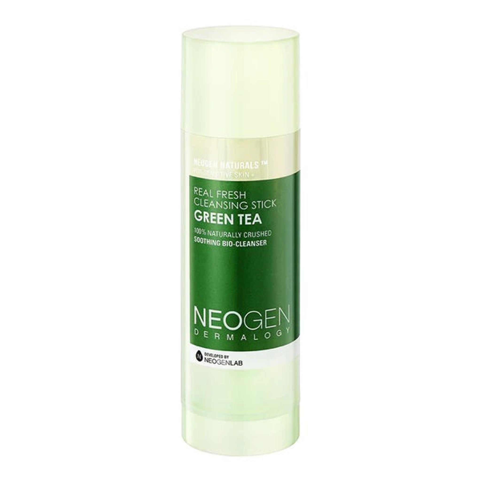 Cleansing stick with green and white packaging, NEOGEN brand name visible, cylindrical shape