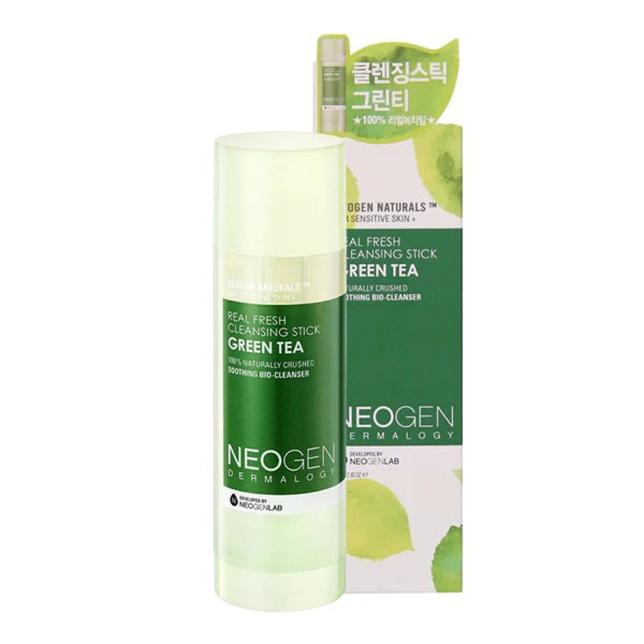 Cleansing stick with green and white packaging, the brand name is Neogen, with green tea label on product.