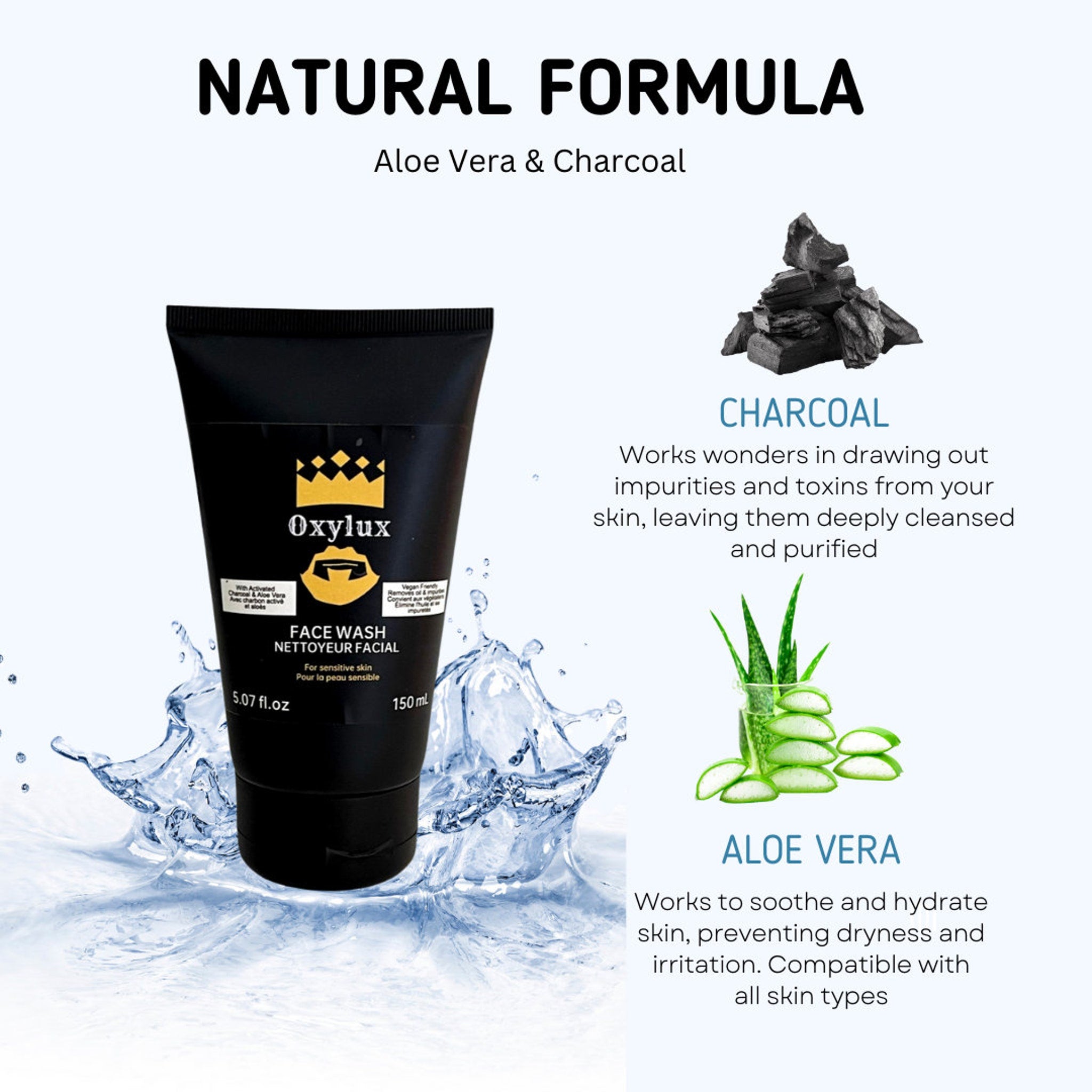 Face wash bottle, black tube, Oxylyx brand, with water splash background