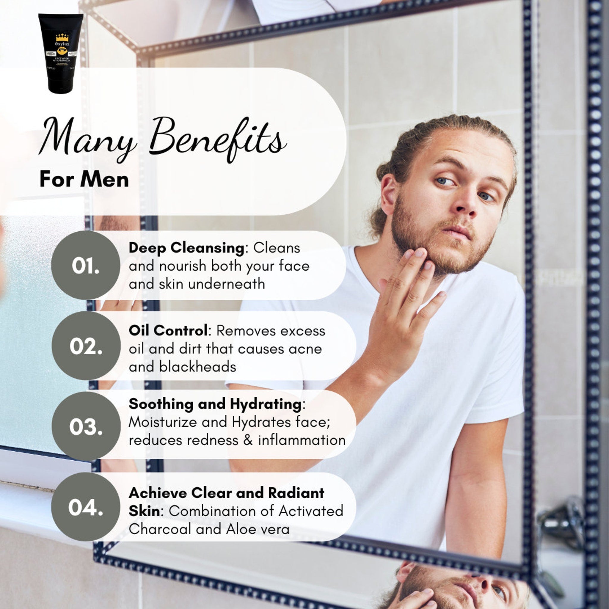 Face wash product with black tube, white text, and man touching face in mirror