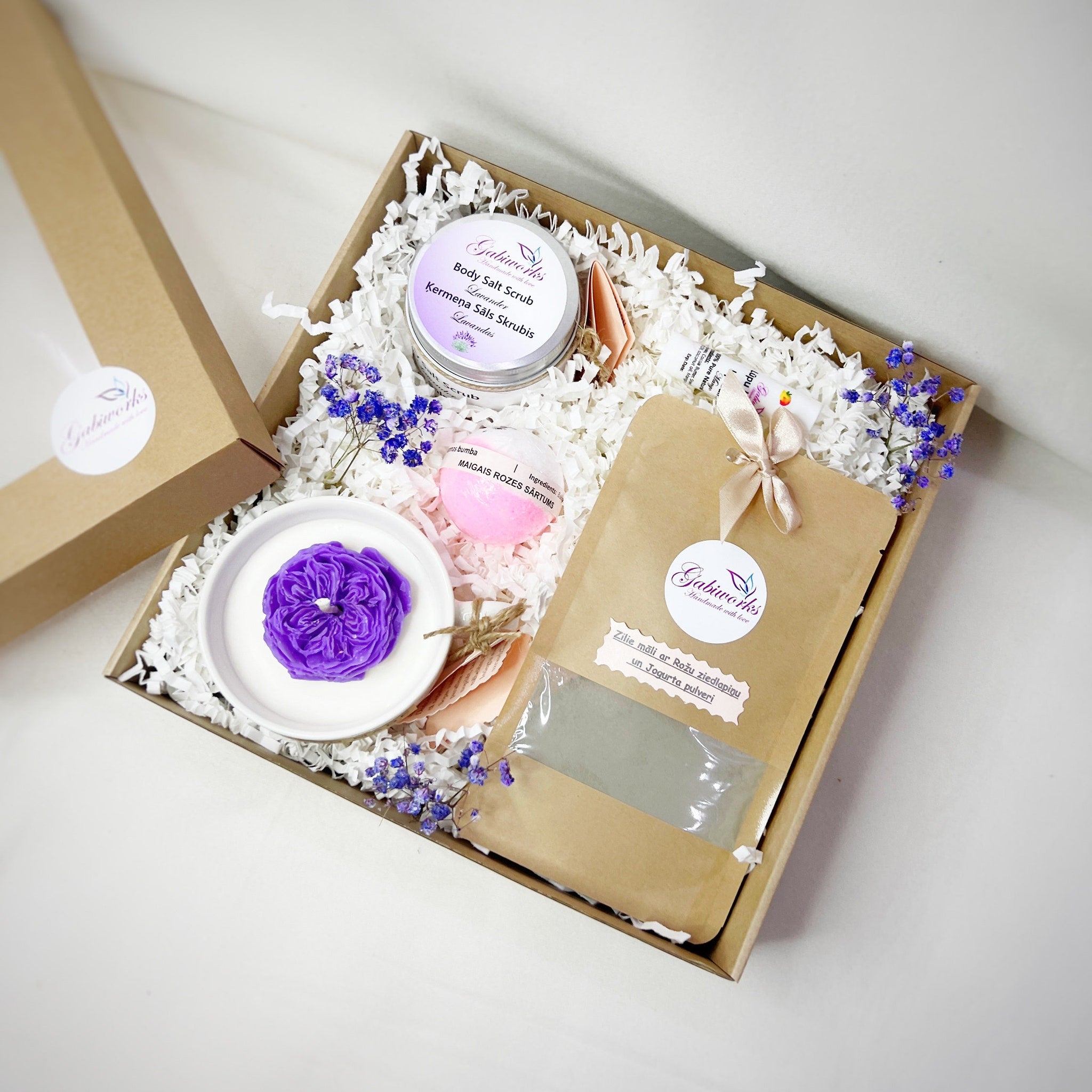 Organic gift set in brown box with white filler, purple flower, Gabiworks branding