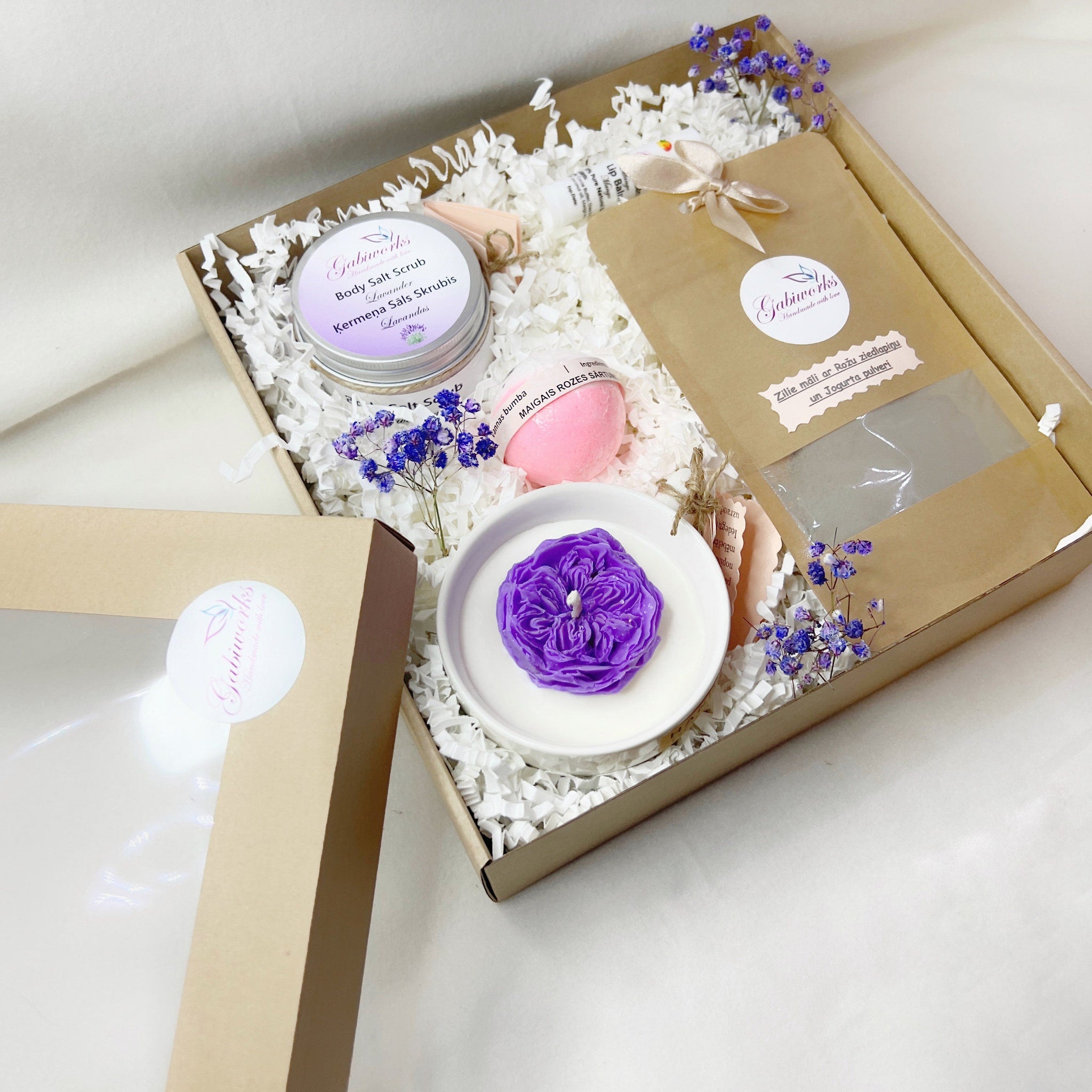 Gift box set with lavender, pink, and brown packaging, GABIWORKS branding visible