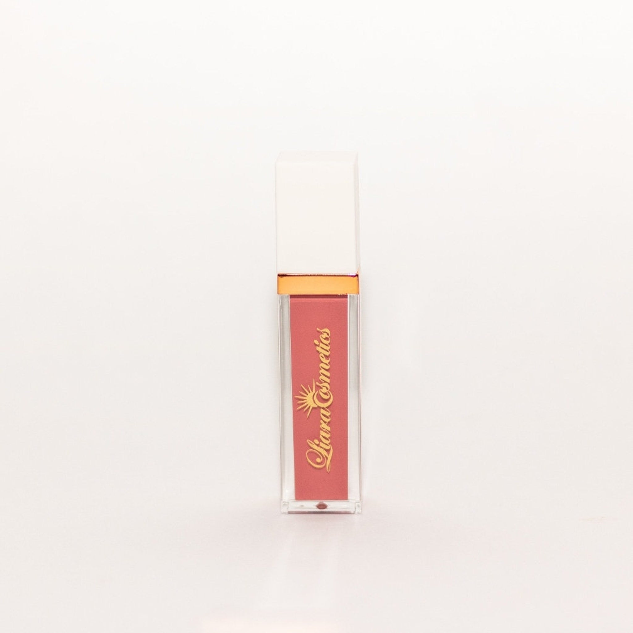 Lip gloss tube with white cap, clear tube, and coral color, Liara Cosmetics brand