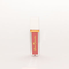 Lip gloss tube with white cap, clear tube, and coral color, Liara Cosmetics brand