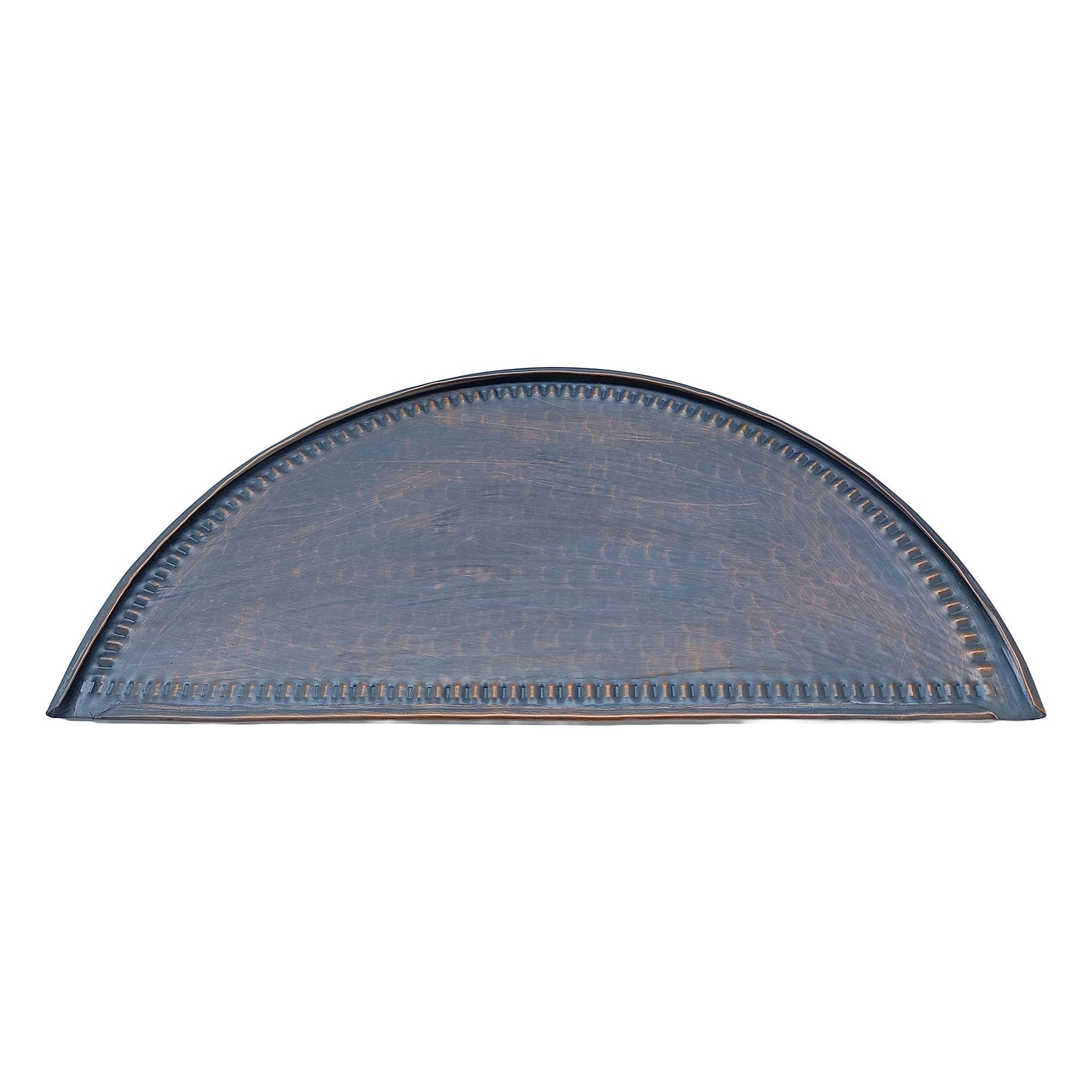 Arched metal decorative piece with blue and bronze finish, riveted edge detail