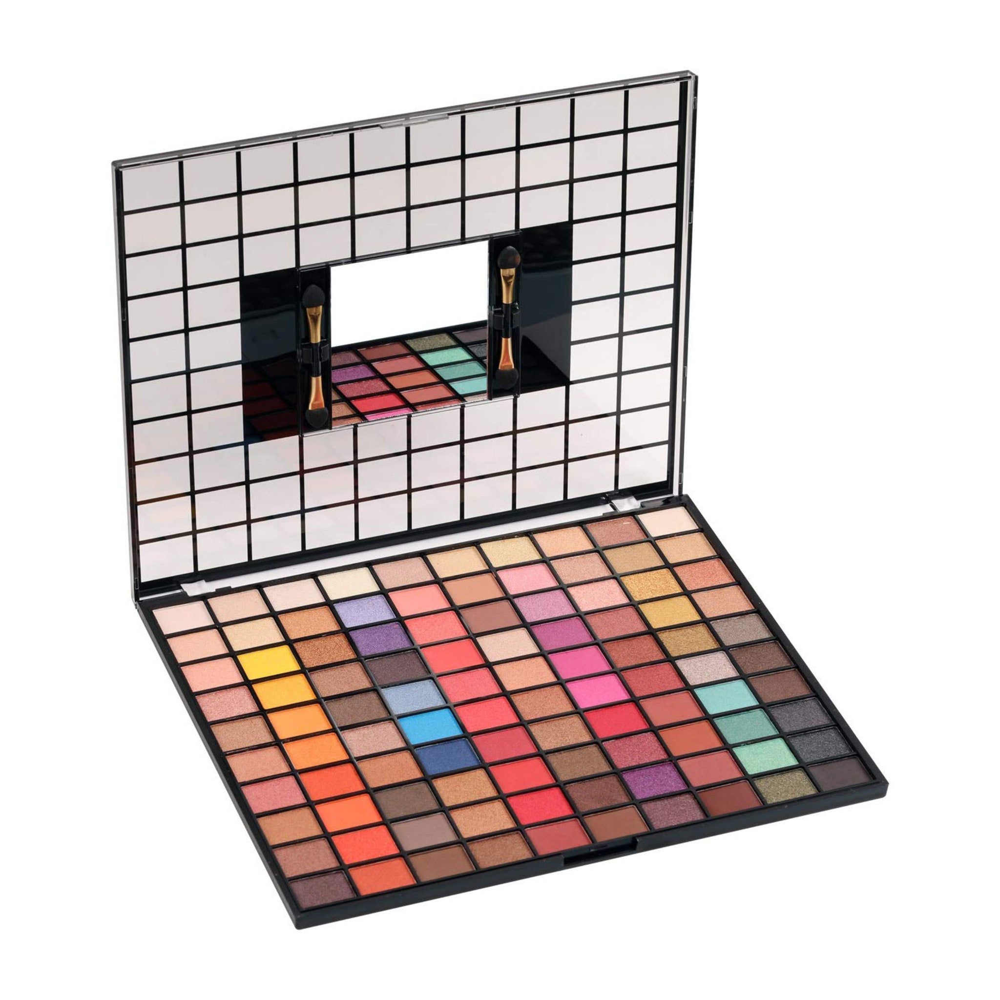 Eyeshadow palette with multiple colors, black case, and mirror for makeup application