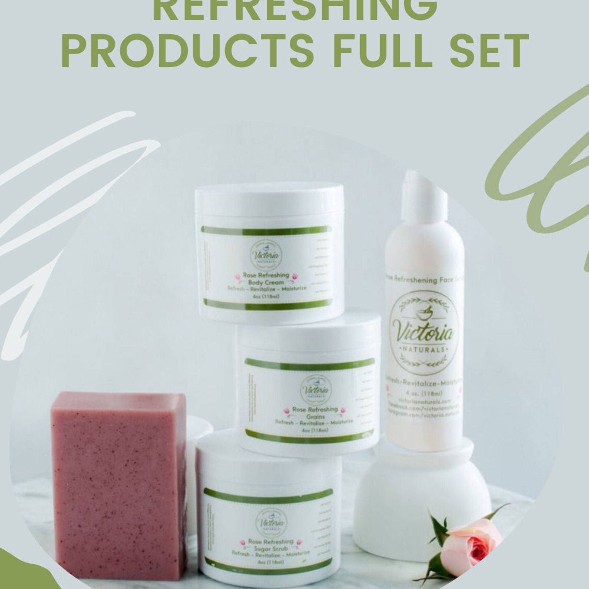 Skincare set with white jars, pink soap, and Victoria Naturals branding on labels