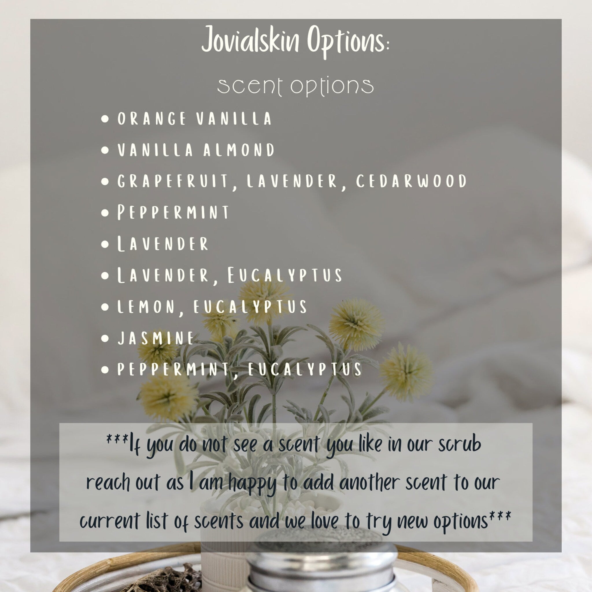 Jovialskin scent options list with white text on a gray background, with floral accents and text overlay