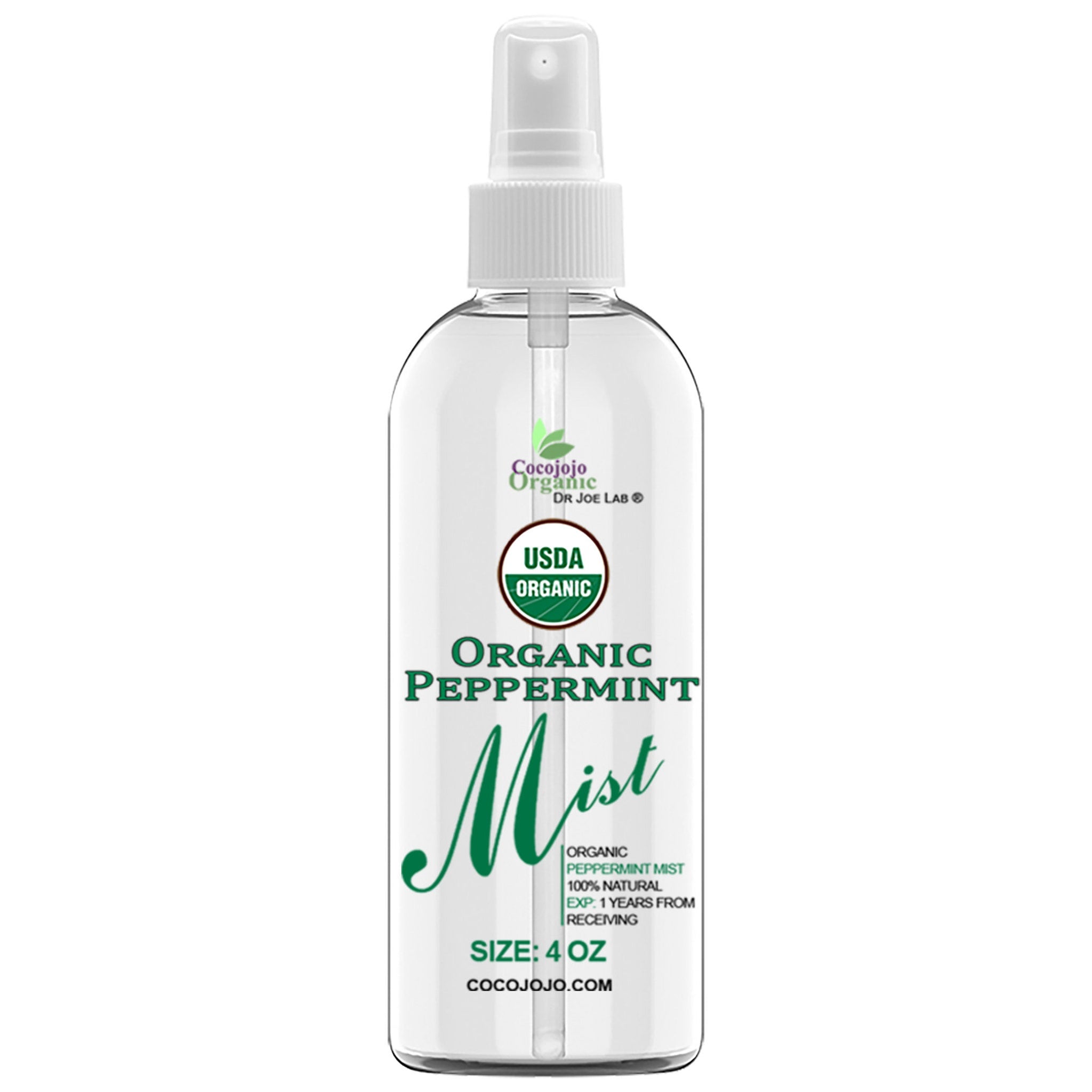 Peppermint mist spray bottle with white cap and clear liquid, Cocojojo Organic label visible