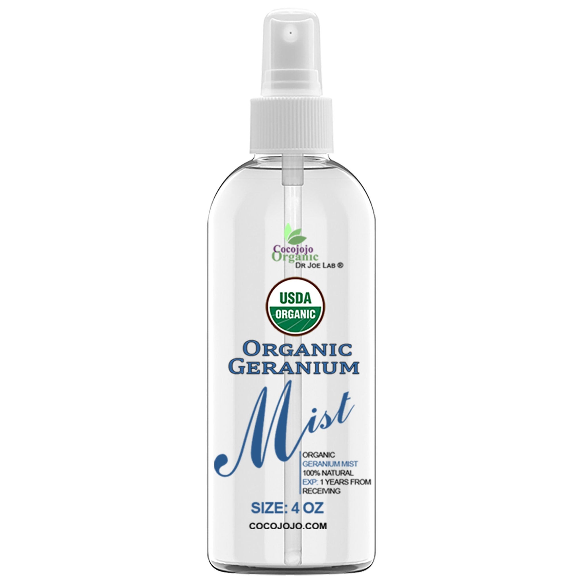 Geranium mist spray bottle with clear liquid and white cap, Cocojojo Organic label visible
