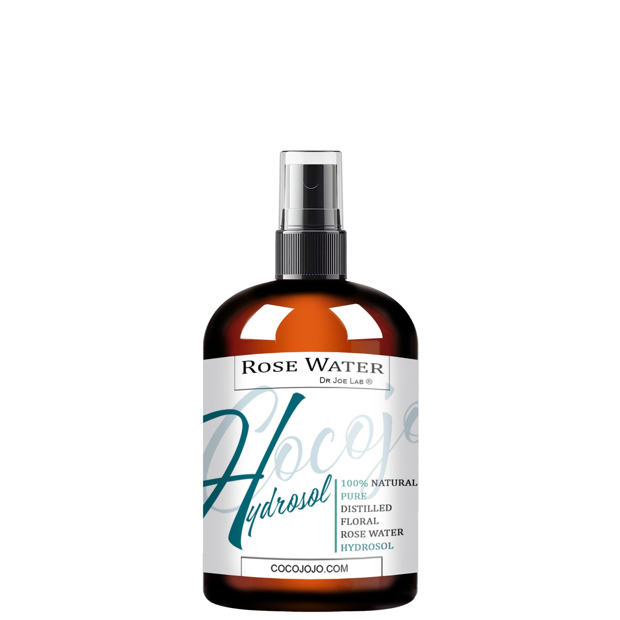 Rose water spray bottle with brown glass, black cap, and white label with text