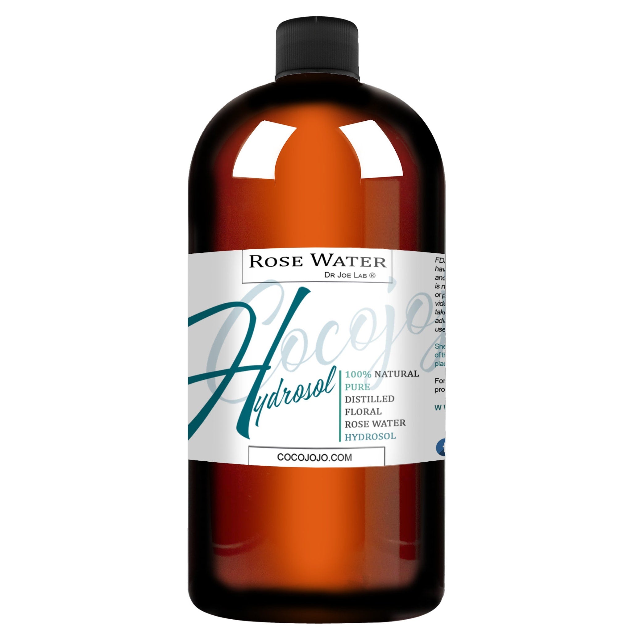 Rose water bottle with brown glass, black cap, and white label with CocoJojo branding