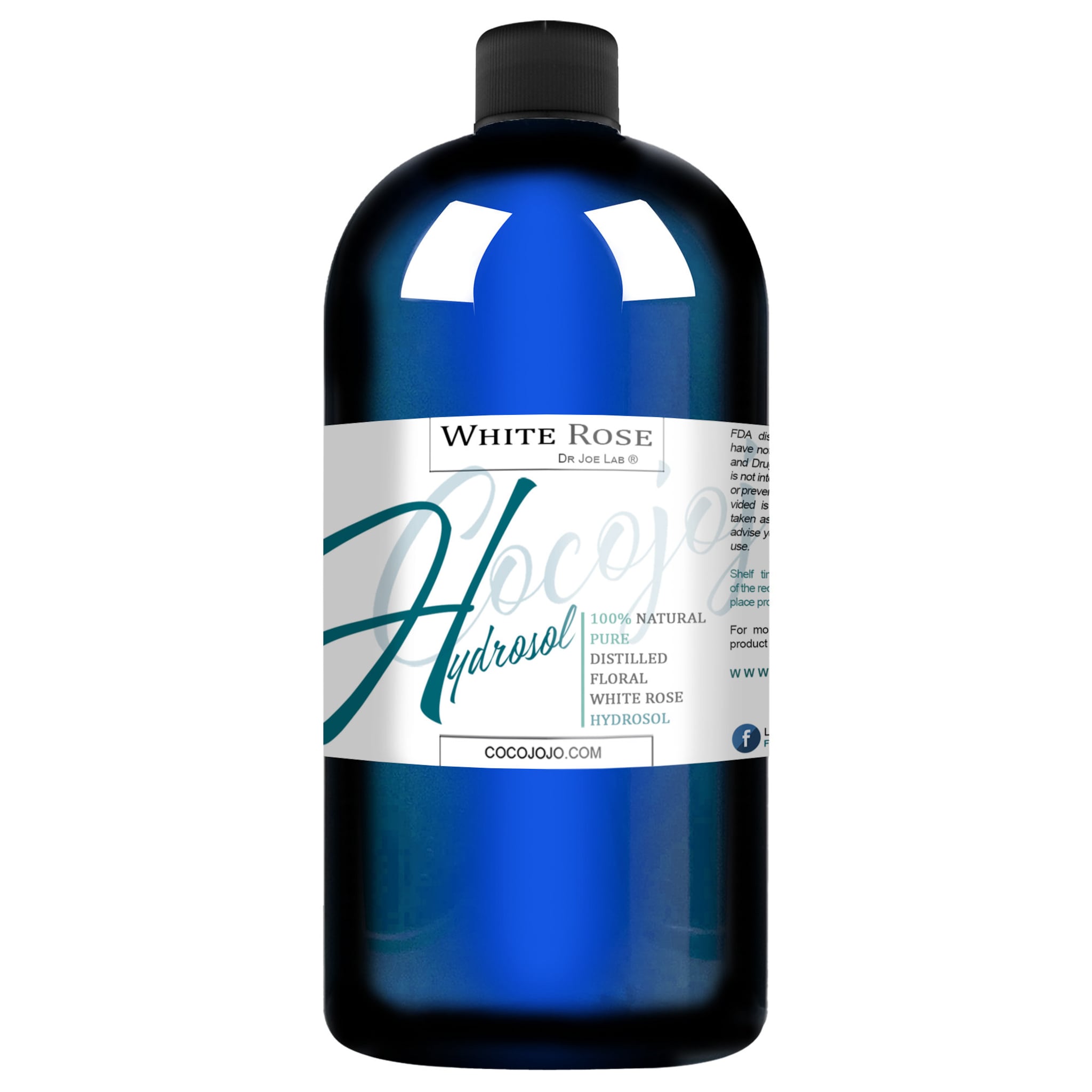 Hydrosol bottle blue glass with black cap and white label, CocoJojo brand