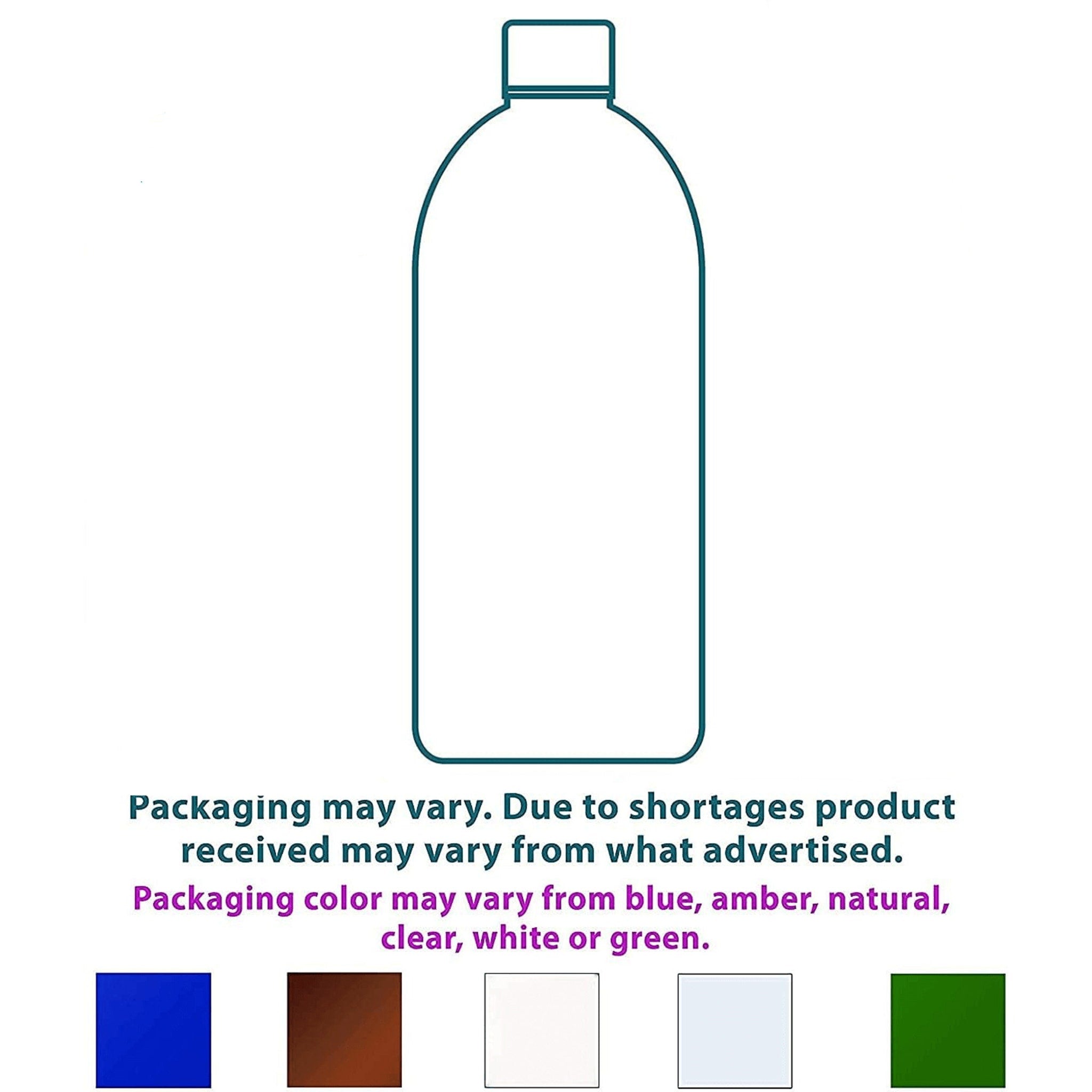Bottle outline with teal border and white background, with color swatches below text